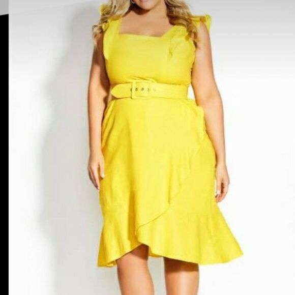 NEW City Chic Frill Thrill Dress Linen Blend Ruffle Detail in Zest Yellow XS/14 - Picture 9 of 9